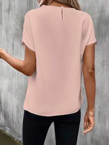 SHEIN LUNE 女士時尚優雅黑色蕾絲拼接短袖襯衫 - 藕粉色 - 查看 2