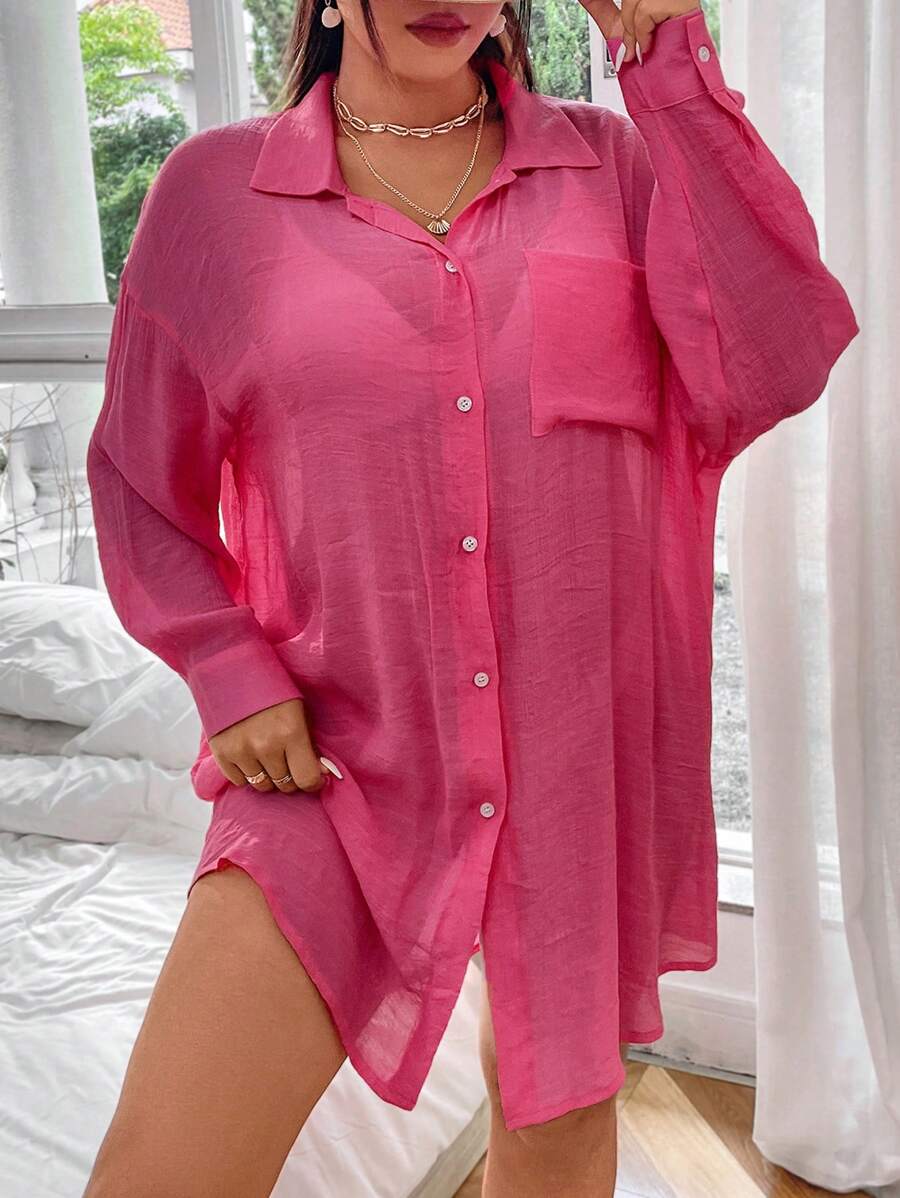 Swim Vcay 女士加大碼單排釦落肩長袖外套連衣裙 - 玫紅色 - 查看 1