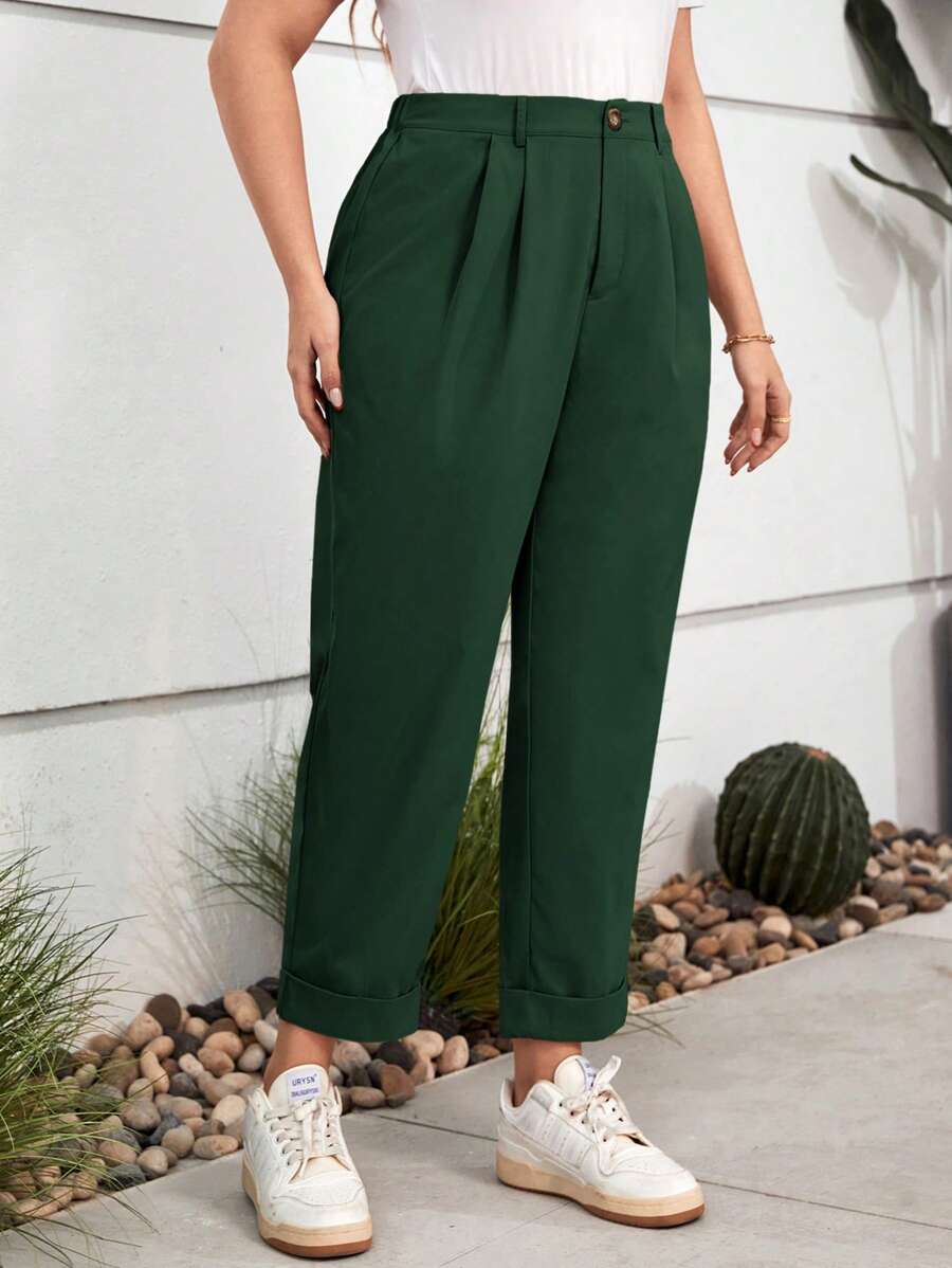 SHEIN LUNE Plus High Summer Pants Waist Plicated Detail Pants - Dark Green - View 1