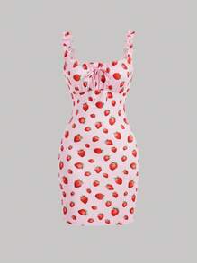 SHEIN MOD 女士草莓圖案印花肩帶連衣裙