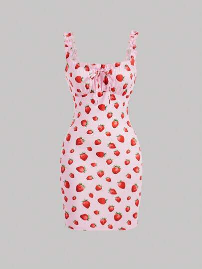 SHEIN MOD Vestido Con Tirantes Estampado De Patrón De Fresa Para Mujeres