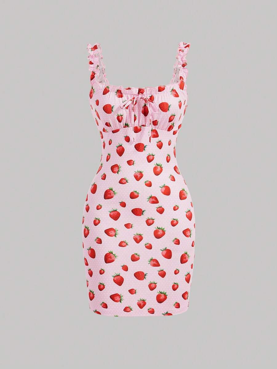 SHEIN MOD 女士草莓圖案印花肩帶連衣裙
