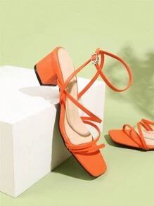 MINGDILIN 女性夏季新款簡約風格度假穿搭開趾帶粗跟涼鞋 - 橘色 - 查看 8