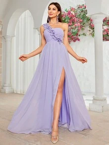 3D Floral Decor Ruffle Bust Tie-Front Open Back High Slit Chiffon Bridesmaid Dress - Purple - View 6