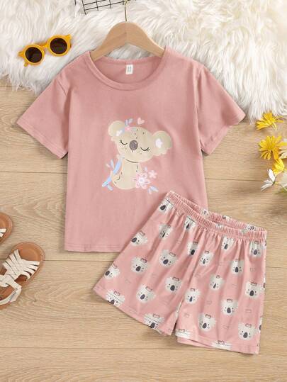 Tween Girl Beige-Pink Koala Printed Short Sleeve T-Shirt And Shorts Set For Casual And Home Wear
