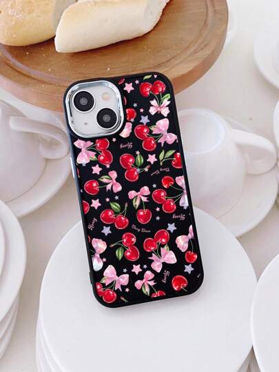 Kawaii 1 Pièce Mignon Étui Pour Téléphone Avec Motif De Cerise Et Cadre Électroplaqué