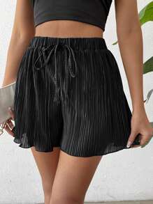 Firerie Short de verano negro, elegante y versátil para mujer, con pliegues lisos, cintura elástica de pierna ancha, ideal para salidas casuales y vacaciones - Negro - Ver 1