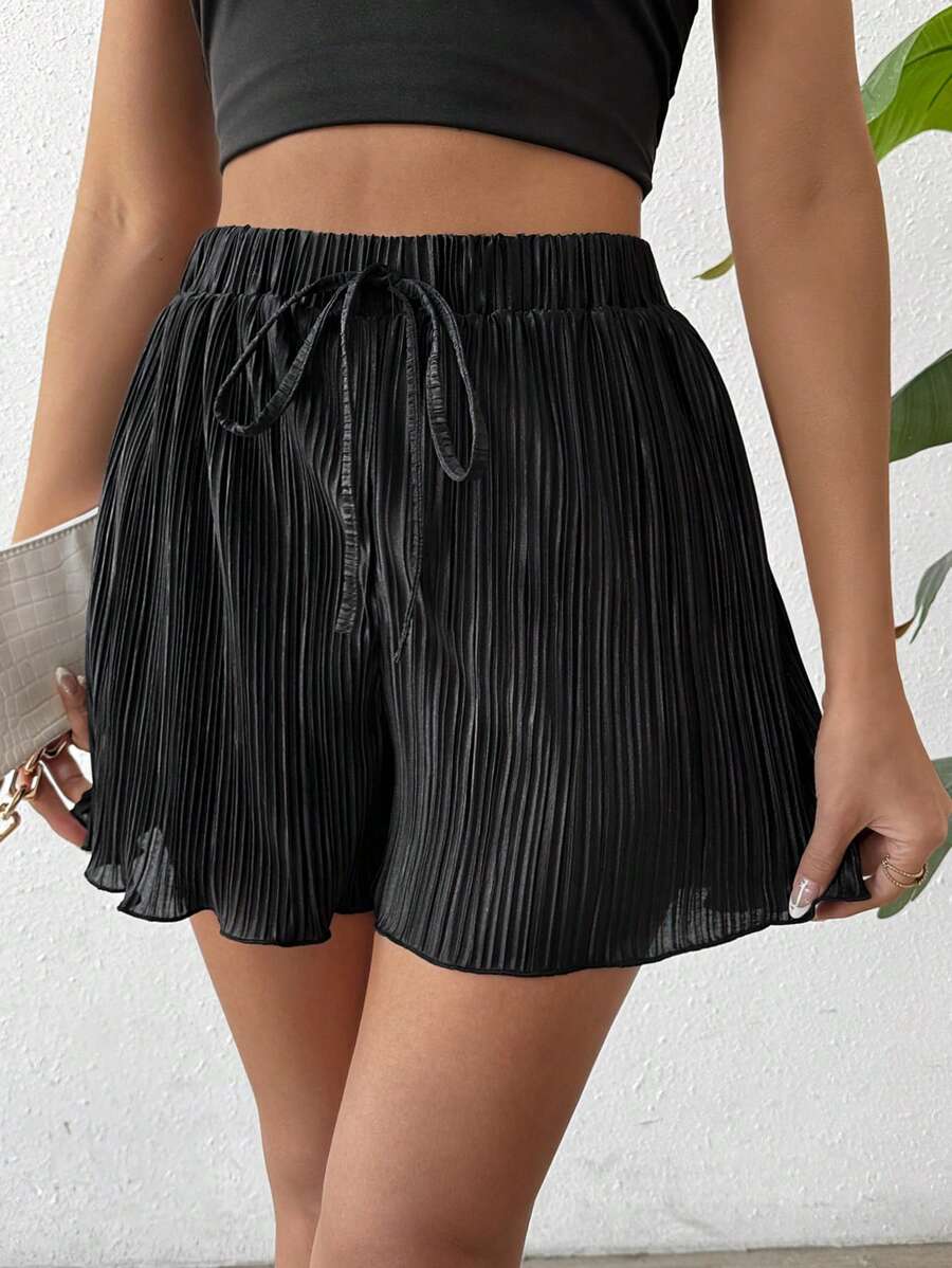 Firerie Short de verano negro, elegante y versátil para mujer, con pliegues lisos, cintura elástica de pierna ancha, ideal para salidas casuales y vacaciones - Negro - Ver 1
