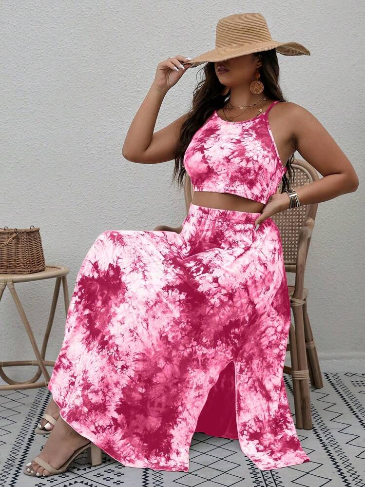 SHEIN Holidaya Plus Size Women Fashion Ink Splash Print Cami Top And Skirt Set - Pink - View 3