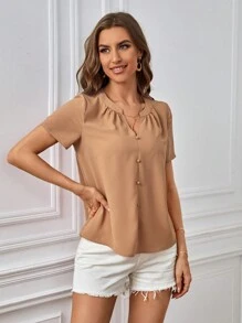 SHEIN Clasi 女士短袖夏季衬衫、短袖上衣 - 卡其色 - 查看 4