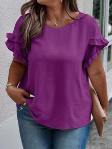 SHEIN LUNE Camiseta De Talla Grande Con Dobladillo De Volantes Y Cuello Redondo Manga Corta Para El Verano
