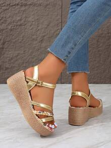 Hàng mới đến Đế dày Dép xăng đan Với Chóp giầy mở ra & Khóa , Đúng mốt & Linh hoạt & Thoải mái In hoa Của phụ nữ Nêm Gót chân Dép xăng đan - Vàng - Xem 5