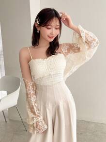 FRIFUL Women's Summer Lace Bat Sleeve Sheer Top With Long Sleeve,Ruffle - Beige - View 3