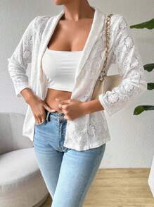 SHEIN Clasi 純色蕾絲翻領休閒西裝外套 - 白色 - 查看 3