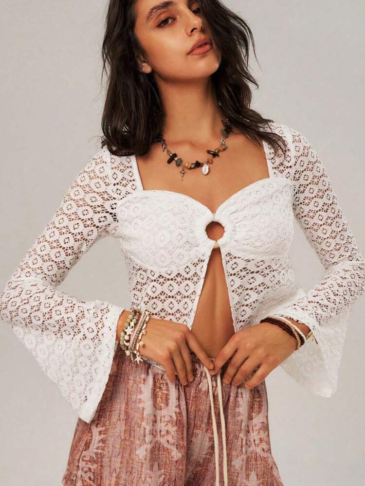 Women's Vacation Style Lace Shirt With Asymmetrical Hem & Flare Sleeves