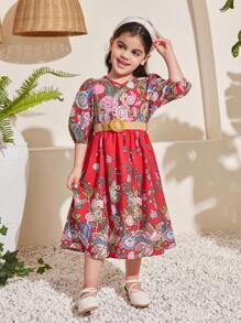 SHEIN Young Girl Printed V-Neck 3/4 Sleeve Dress With Floral Design - Red - View 5