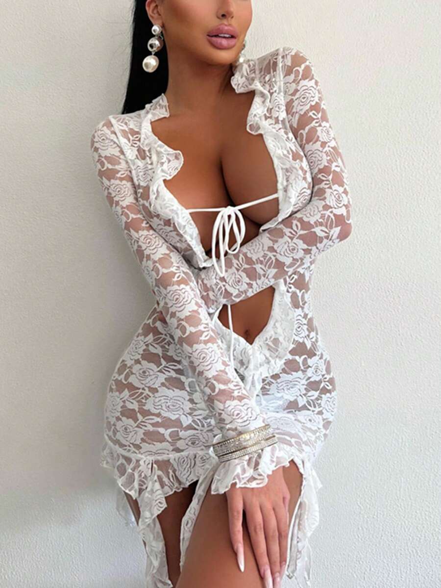 Đầm ôm body gợi cảm ren mỏng buộc nơ cho nữ dự tiệc mùa xuân hè câu lạc bộ kỳ nghỉ Y2K quần áo bãi biển - trắng - Xem 1