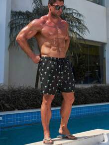 Manfinity Swimmode 男士棕榈树印花抽绳腰沙滩短裤 沙滩装 男士沙滩装 夏威夷风情 - 彩色 - 查看 4