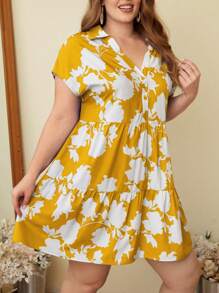 SHEIN VCAY 大码波西米亚风女式宽松花卉印花纽扣前半襟荷叶边下摆中长连衣裙，适合夏季