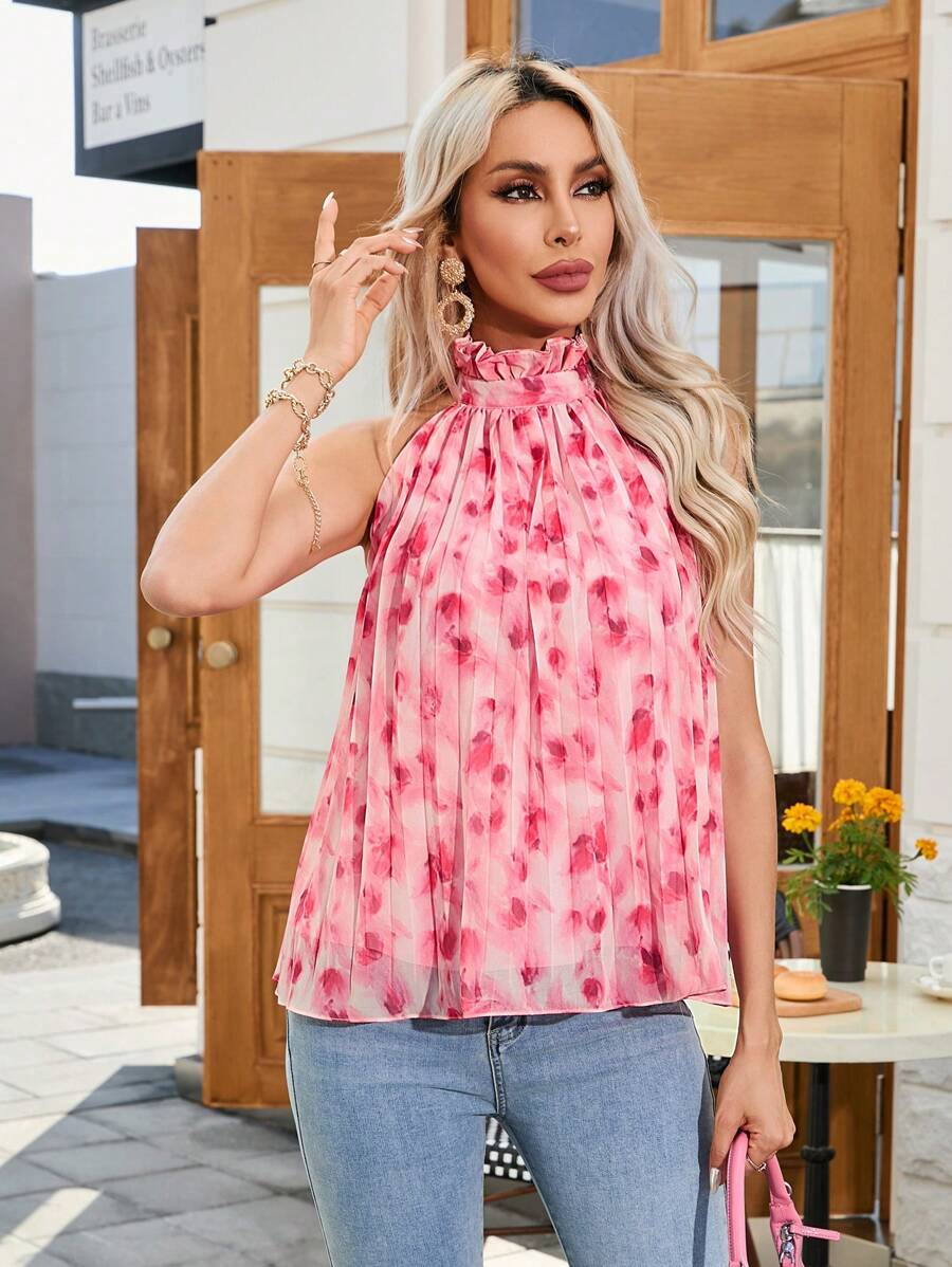 Aveloria Ruffled Neck Pleated Random Print Sleeveless Blouse - Baby Pink - View 1
