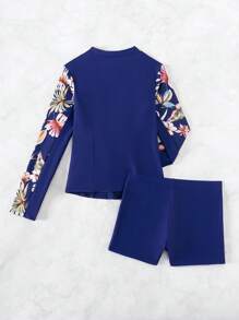 Swim SPRTY Bộ Rashguard dài tay có dây kéo phía trước in hoa & thực vật tương phản dành cho nữ, in ngẫu nhiên, cho kỳ nghỉ ở bãi biển mùa hè - Màu xanh hải quân - Xem 5
