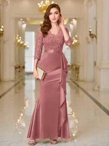 MIUSOL V-Neck Contrast Color Lace Ruffle Satin Evening Gown, Elegant For Formal Occasions Like Weddings, Galas, Graduations - Dusty Pink - View 1
