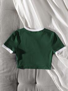 SHEIN Unity Camiseta casual de mujer con dobladillo curvo, estampado de inglés y número, camisetas gráficas de verano para mujer - Verde - Ver 2