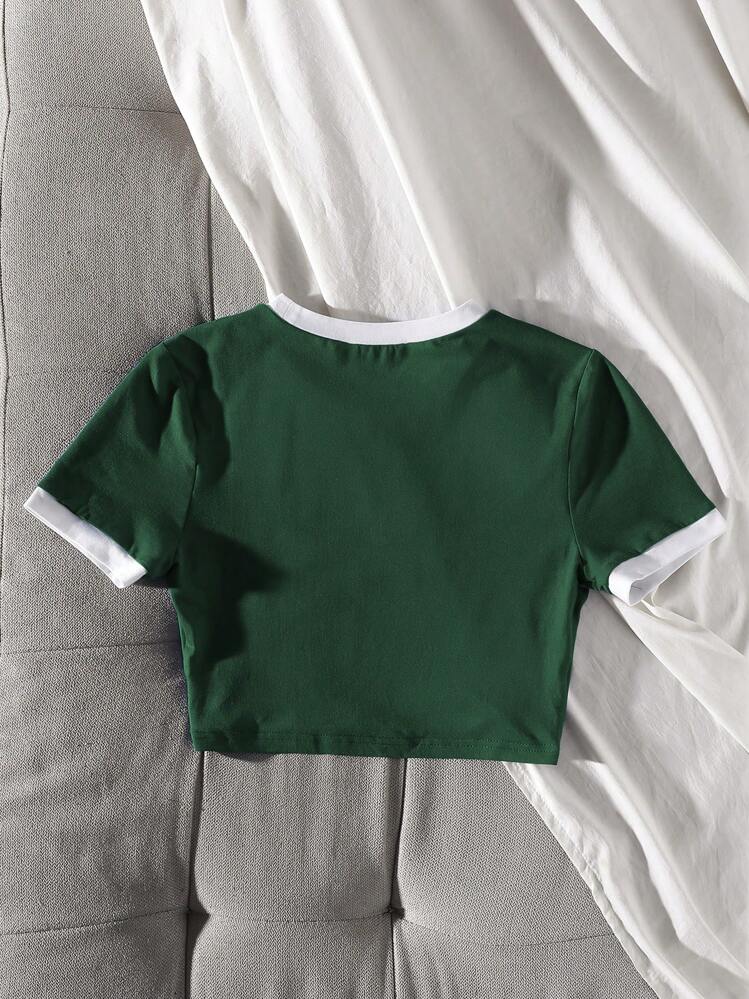 SHEIN Unity 女士休闲弧形下摆英文和数字印花 T 恤，夏季图案 T 恤女式上衣 - 綠色 - 查看 2