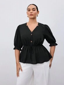 BizChic Camisa A-line Casual De Talla Grande Con Cordón De Botones Frontales Y unicolor - Negro - Ver 5