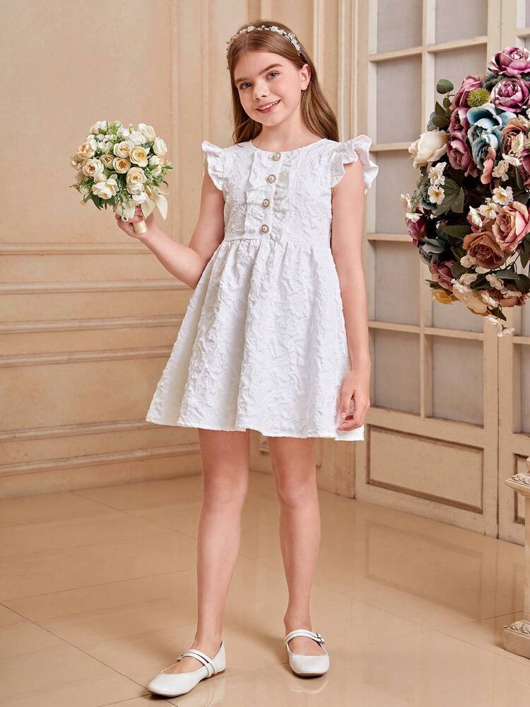 Tween Girls' Jacquard Frill Trim Dress With Button And Flutter Sleeve Details