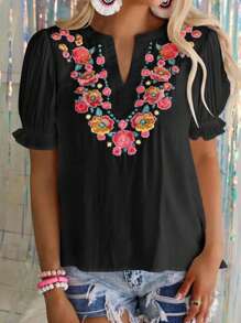 Breezaya 女性花卉刺繡蓬蓬袖襯衫 - 黑色 - 查看 1