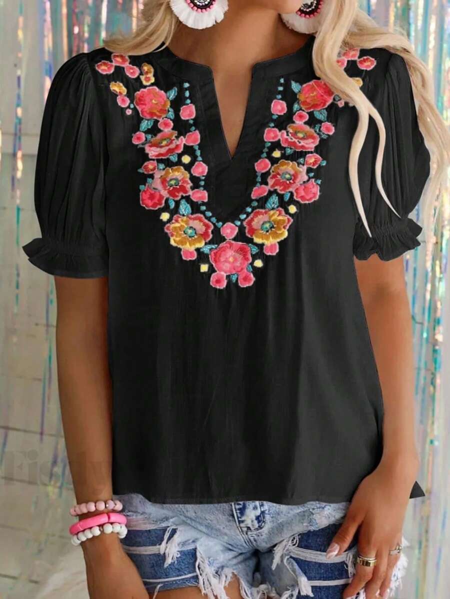 Breezaya 女性花卉刺繡蓬蓬袖襯衫 - 黑色 - 查看 1