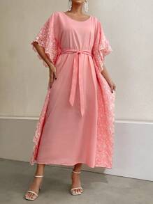 Al Najma Women's Round Neck Loose-Fit Turkish Long Shirt With Patchwork, Burned Out Embroidery & Batwing Sleeves Kaftan Jalabiya Dress - Pink - View 6