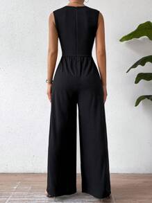 Chiquease Thanh lịch Quý cô Mùa hè Màu thuần Eo Xoắn Cổ chữ V Không tay Áo liền quần ống rộng - màu đen - Xem 2