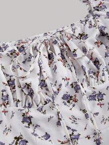 SHEIN MOD 大码女式夏季花卉印花方形领口系带短款泡泡袖长连衣裙 - 紫色 - 查看 3