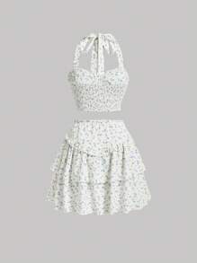 SHEIN MOD 花卉印花掛脖上衣和荷葉邊下擺半身裙