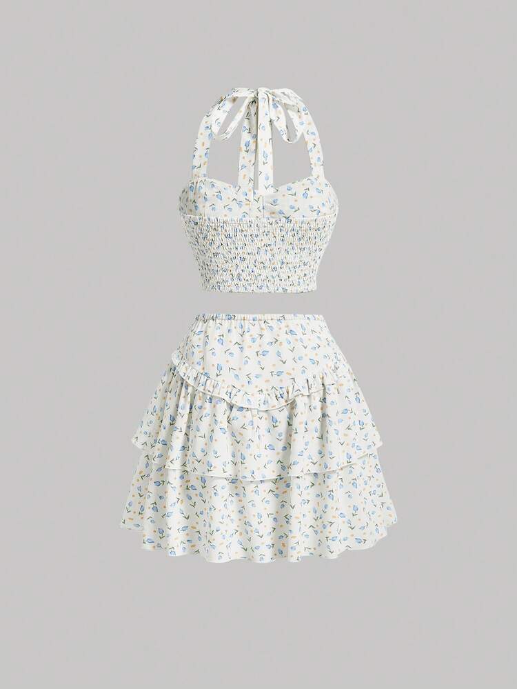 Floral Print Halter Top And Ruffle Hem Skirt,Summer Two Piece Outfits