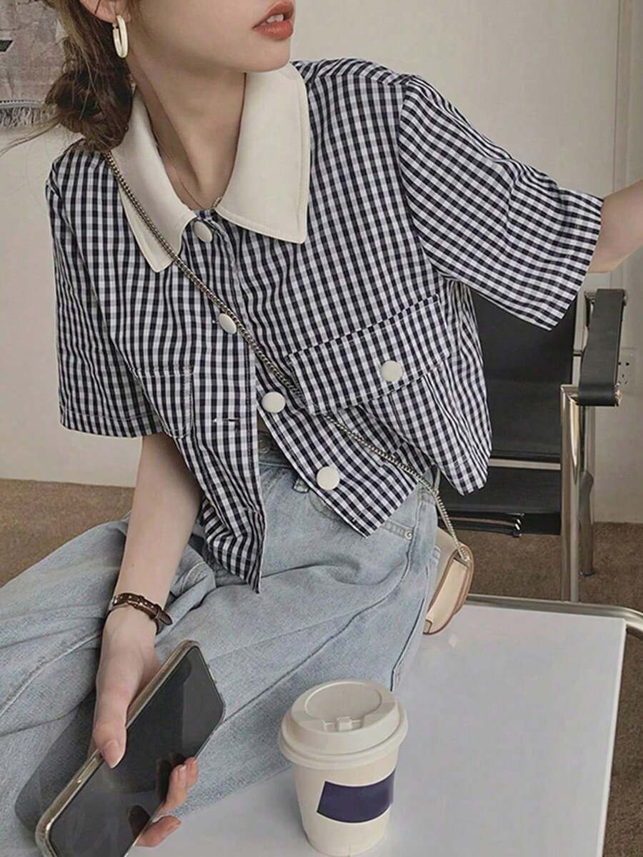 女士方格色塊下摺領短袖襯衫