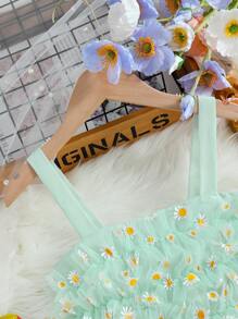 SHEIN 青少年女孩 2 件套雏菊吊带上衣和蓬松短裙套装，非常适合暑假、度假、夏季、旅行 - 薄荷綠 - 查看 3