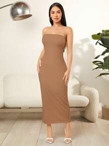 SHEIN SXY Robe Bandeau Moulante Sans Manches Avec Fente Sur L'ourlet - Kaki - Voir 3