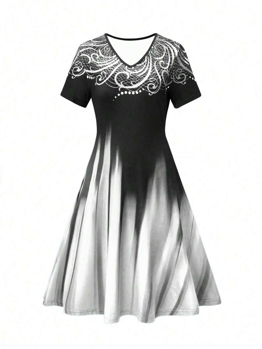 SHEIN Clasi Kích thước lớn Của phụ nữ In Ngắn tay Đầm - Đen và trắng - Xem 1