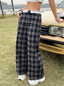 SHEIN EZwear 女士黑色格紋編織高腰寬腿褲,帶摺疊式紙袋腰 - 藏蓝色 - 查看 2