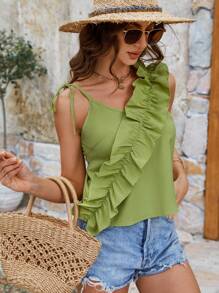 SHEIN VCAY Của phụ nữ Màu thuần Xù Hoa Sen Áo ba lỗ Áo , Mùa xuân/Mùa hè - màu xanh lá - Xem 1