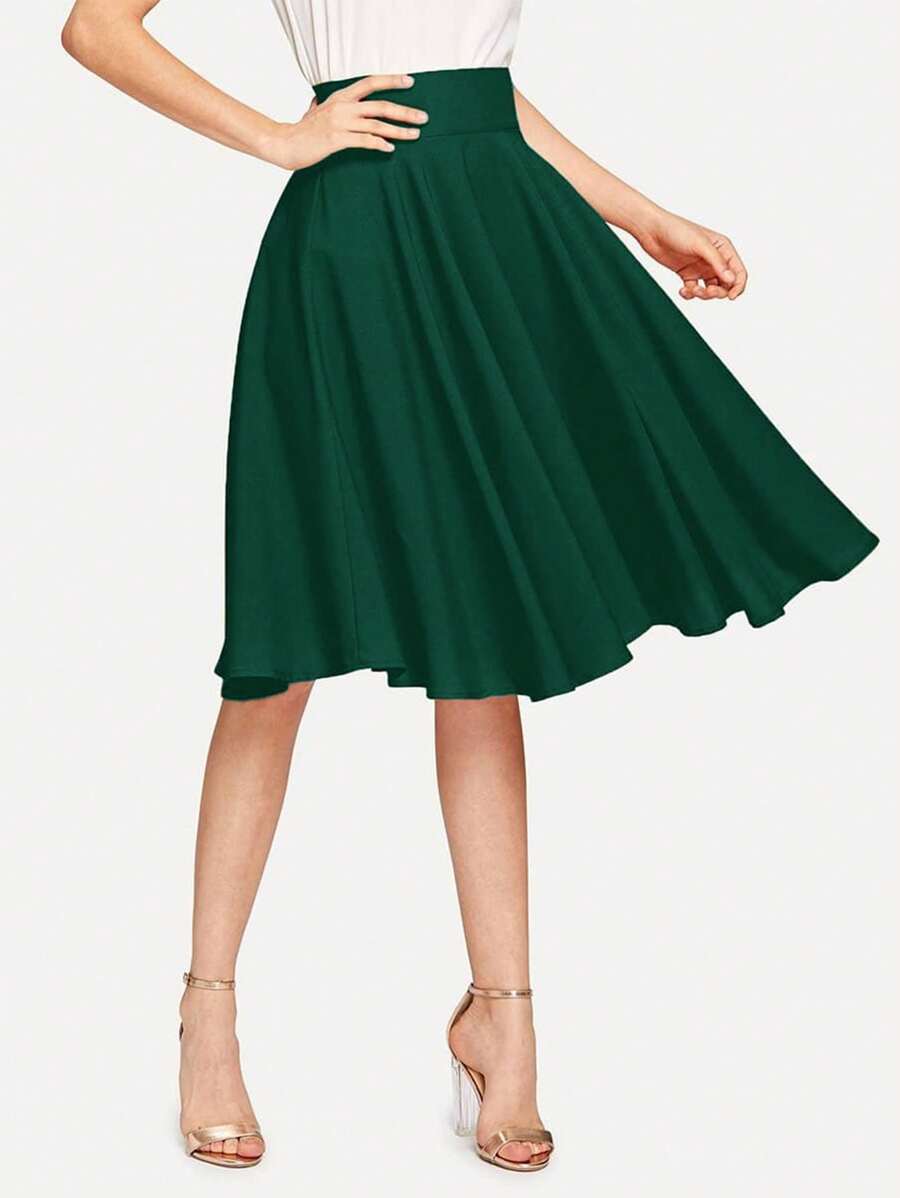 SHEIN Clasi Chân váy chữ A xếp ly trơn màu đơn giản dành cho nữ - Màu xanh lá cây đậm - Xem 1