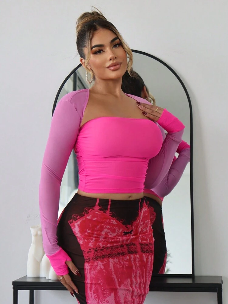 Bachelorette Party Concert Outfits  Clothes Casual Summer Color Block Mesh Splicing Thumb Hole Long Sleeve Top