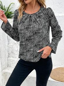 SHEIN Clasi 女士印染圓領寬鬆長袖襯衫 - 黑色 - 查看 3