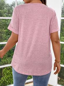 EMERY ROSE Áo thun tay bo cài nửa nút phía trước màu trơn cỡ lớn Áo thun Henley Áo thun màu hồng Áo thun màu hồng Áo thun màu hồng dành cho nữ - Hồng - Xem 2