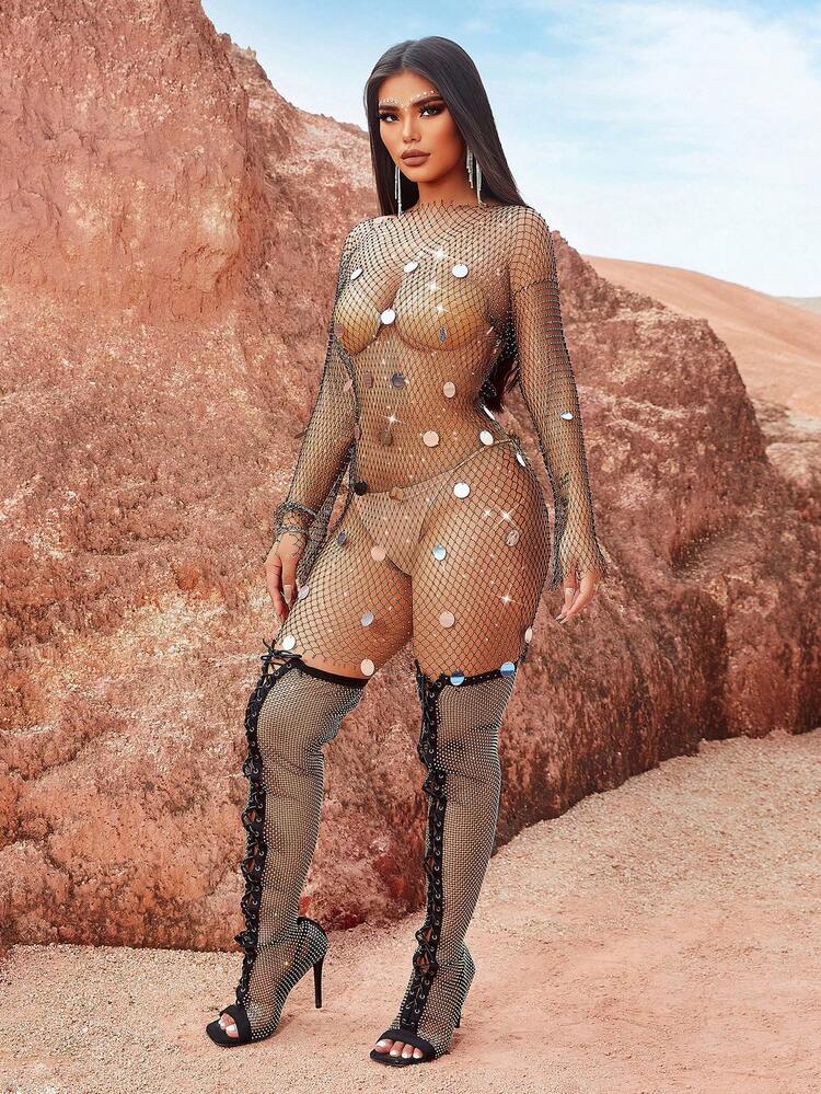 Music Festival Western Style Boho Fashion Gorgeous Women's Black Mesh Hollow Perspective Large Metal Piece Bead Details Laser Sexy Resort Nightclub Hot Girl Charming High-End Elegant Tight Long Long Sleeve Trumpet Sleeve Fitted Round Neck Dress