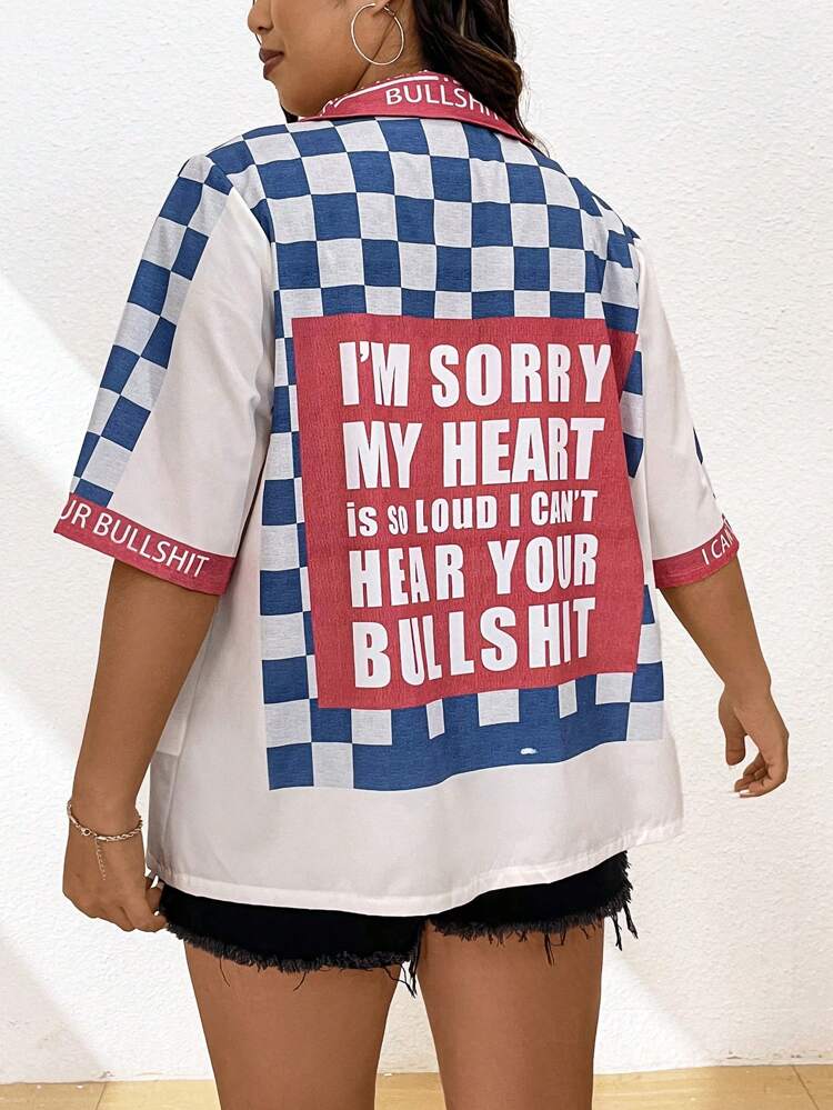 Plus Size Women's Checkerboard Print Short Sleeve Shirt For Summer