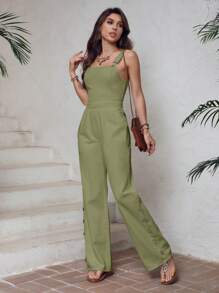 SHEIN LUNE Overoles lisos de mujer decorados con botones - Verde militar - Ver 6
